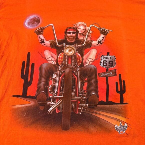 Vtg Johnny’s Route 69 Biker Pinup T-Shirt Orange Sz XL Motorcycle Chopper Moon - Picture 10 of 16